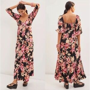 Anthropologie Black Blossom Maxi Dress Floral Tiered‎ Puff Sleeve XS